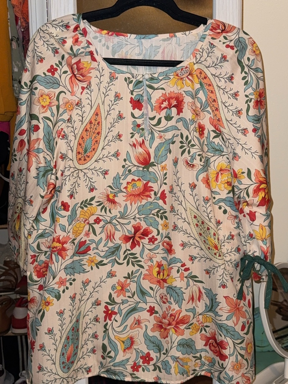 SHEIN Cream Floral Tie-Sleeve Blouse with Coral, Yellow & Teal Accents